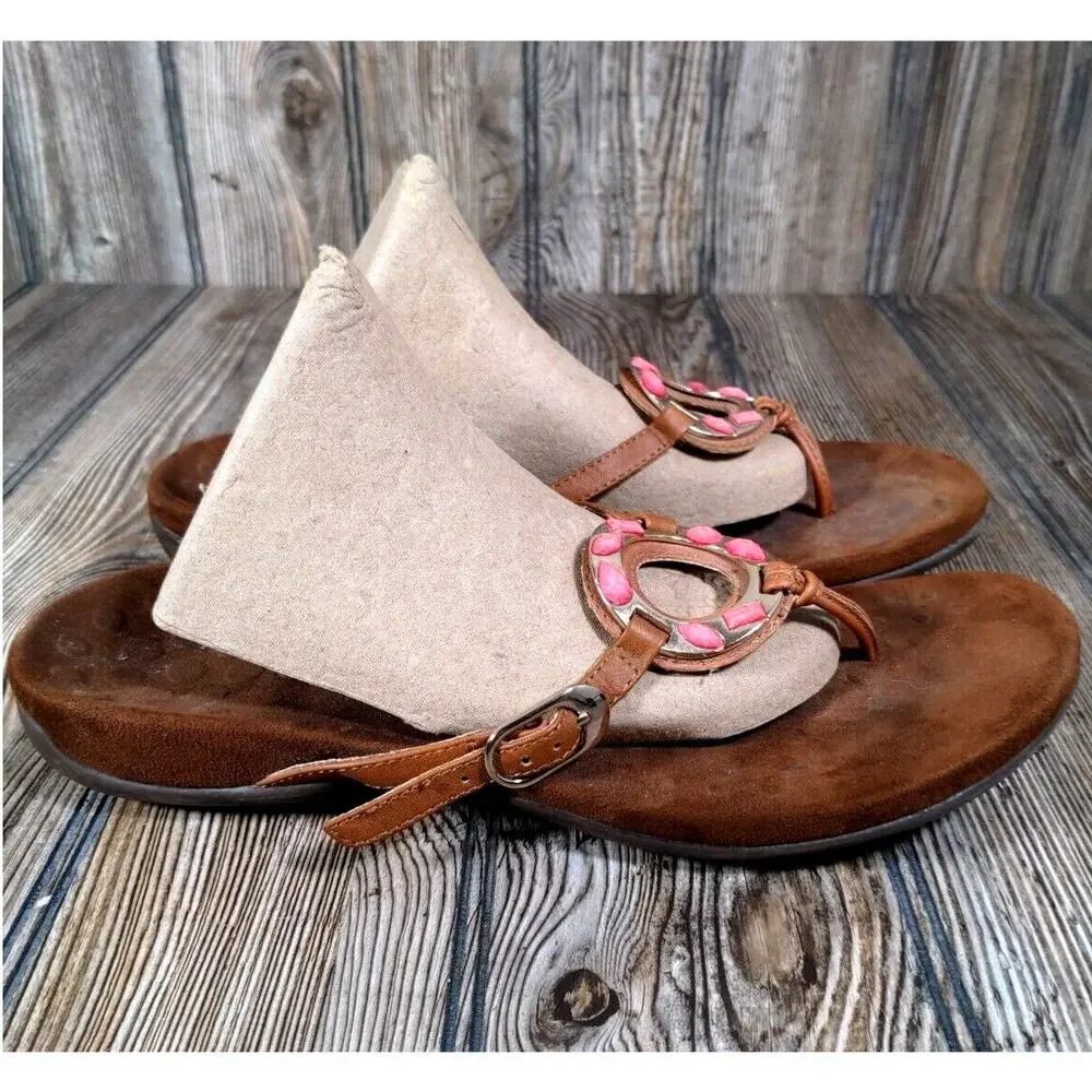 Vionic 340 Ricci Women Thong Sandal Flip Flop Brown‎ Leather Beaded Size 10